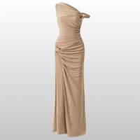 فستان ميدي بدون أكمام مرونة عالية بلون بيج موحد بد...