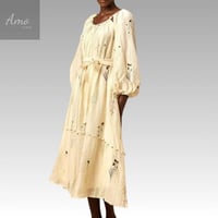 فستان ميدي خامة كتان مشجرة مزخرف ب حبات اللولوء ب...