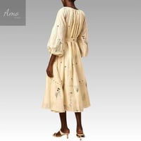 فستان ميدي خامة كتان مشجرة مزخرف ب حبات اللولوء ب...