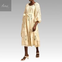 فستان ميدي خامة كتان مشجرة مزخرف ب حبات اللولوء ب...