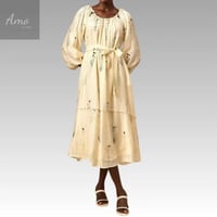 فستان ميدي خامة كتان مشجرة مزخرف ب حبات اللولوء ب...