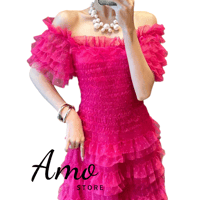 فستان فوشي انيق ماكسي خامة تل على طبقات اوف شولدرز...