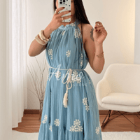 فستان ماكسي حياكة زهر بنمط متعدد الطبقات اوف شولدر...