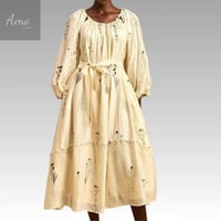 فستان ميدي خامة كتان مشجرة مزخرف ب حبات اللولوء ب...