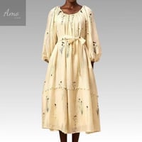 فستان ميدي خامة كتان مشجرة مزخرف ب حبات اللولوء ب...