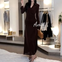 فستان ماكسي بأكمام طويلة بدرابي خامة مرونة عالية ب...