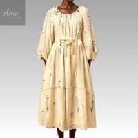 فستان ميدي خامة كتان مشجرة مزخرف ب حبات اللولوء ب...