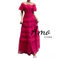 فستان فوشي انيق ماكسي خامة تل على طبقات اوف شولدرز...