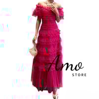 فستان فوشي انيق ماكسي خامة تل على طبقات اوف شولدرز...