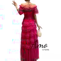 فستان فوشي انيق ماكسي خامة تل على طبقات اوف شولدرز...