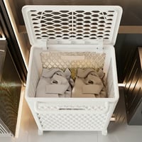 سلة ملابس بعجلات وغطاء لون ابيض