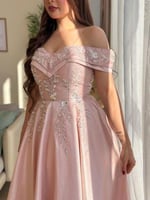 فستان سهرة لحمي خامة ميكادو روسي صدر تطريز خرز يدو...