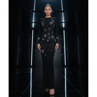 فستان سهرة أنيق مرصع بالكريستال والماس ، بأكمام طو...