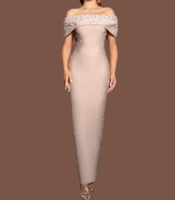 فستان سهرة، مكشوف الأكتاف، مزين باللؤلؤ بتصميم ضيق...