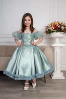 فستان سهره بناتي تفته كلوش صدر مطرز كم برميل لون ا...