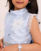 فستان بناتي تفتة روسي سماوي وحزام فضي