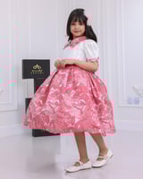 فستان بناتي جاكار مشجر زهري نص كم