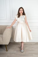 فستان سهره بناتي تفته ستان صدر تطريز لون بيج