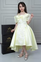 فستان ميلاف ساتان أصفر فاتح مطرز راقي .. فستان بنا...