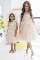 فستان سهره بناتي تل كلوش فيونكه مع ورد بالصدر راقي