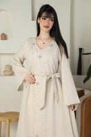 جلابية نسائية راقية كتان كلوش بلون بيج كريمي بتصمي...