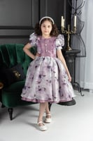 فستان بناتي شيفون مشجر صدريه زراير كم برميل راقي