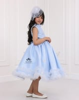 فستان بناتي تفتة روسي سماوي وحزام فضي