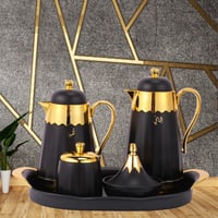 طقم أسود مذهب 6 قطع ترمس شاي وترمس قهوة وصينية وتم...