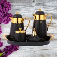 طقم أسود مذهب 6 قطع ترمس شاي وترمس قهوة وصينية وتم...