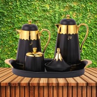 طقم أسود مذهب 6 قطع ترمس شاي وترمس قهوة وصينية وتم...