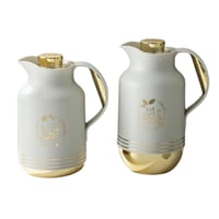 طقم ترمس رمادي فاتح قاعدة ذهبي للشاي والقهوة من بي...