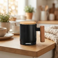 كوب سيراميك بغطاء خشبي وملعقة 370 مل - اسود