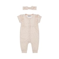 طقم بناتي قطني من رومبر وربطة رأس - خوخي بنقط ذهبي...