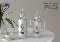 طقم ترامس قهوة وشاي فاخر بنقشة زهور زرقاء