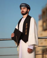 عباية تخرج رجالي 2025 لون أبيض مع وشاح وقبعة أسود