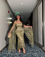 فستان العنود بلون زيتي وعودي قطعتين انيق للمناسبات