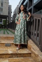 جلابية كبار- باللون البيج و الاخضر مشجر - لنن