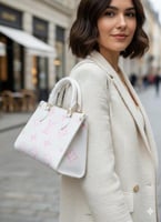 شنطة يد صغيرة بنقشة كلاسيكية باللون الأبيض والوردي