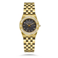 ساعة كاتيرا النسائية المصنوعة من الفولاذ المقاوم للصدأ وعلبة من الفولاذ الذهبي وقرص رمادي وسوار ذهبي