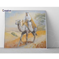 هجان بالزي التقليدي على ظهر جمله مرسوم على لوحة جد...