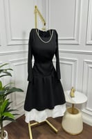 فستان اسود ميدي مزين بلؤلؤ