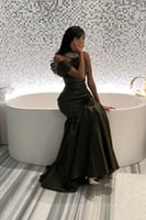 فستان زيتي انيق بكتف واحد