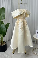 فستان سهرة ميدي فاخر عاري الكتف