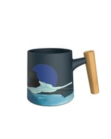 كوب قهوة من السيراميك مع مقبض خشبي 450 مللي - أزرق