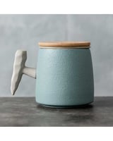 كوب قهوة سيراميك بغطاء خشبي بسعة (360) مل - سماوي