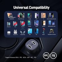 شاحن سيارة JODA بقوة 45 واط بمنفذين تايب سي - اسود