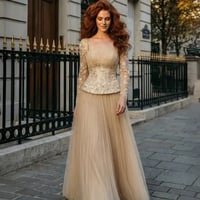 فستان سهرة ذهبي ملكي بتطريز فاخر وأكمام دانتيل