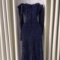 فستان سهرة أزرق دانتيل أوف شولدر أنيق