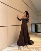 فستان سهرة أوف شولدر بني مطرّز بالكريستال
