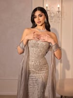 فستان سهرة فضي رخامي كورسيه مرصع ودربيه